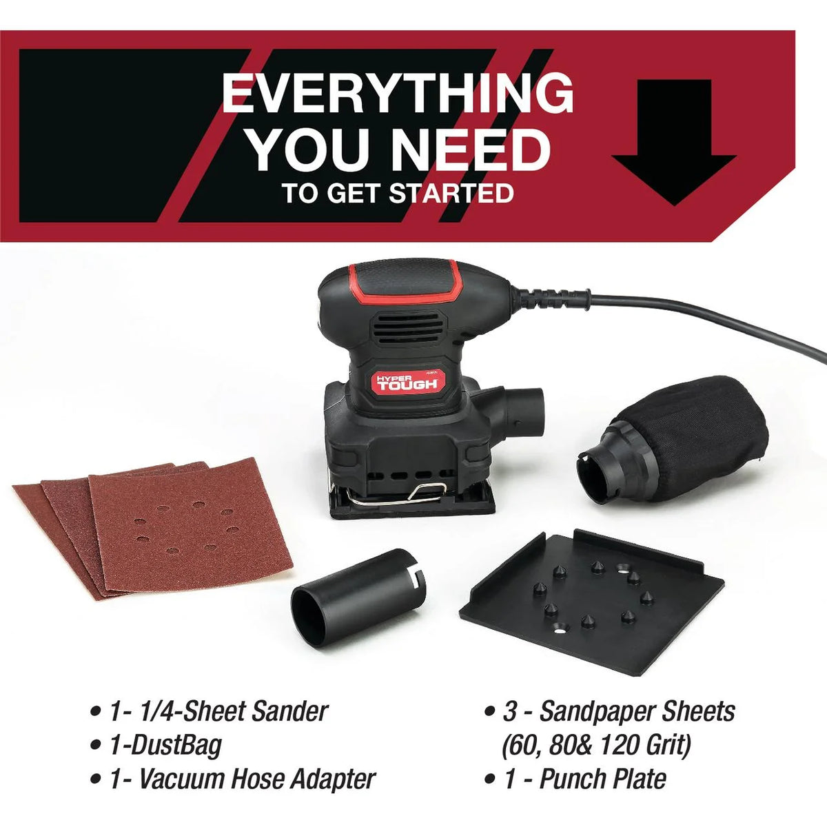 2 Amp Corded 1/4-Sheet Palm Sander with Dust Bag, Vacuum Hose Adapter, Punch Plate & 3 Sanding Sheets