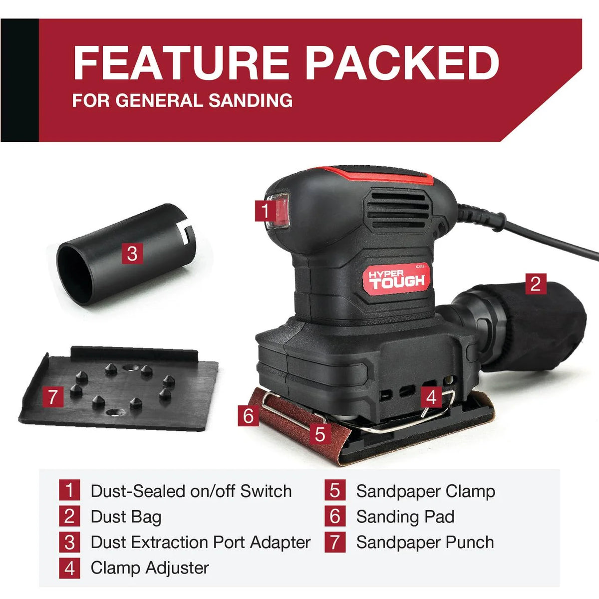 2 Amp Corded 1/4-Sheet Palm Sander with Dust Bag, Vacuum Hose Adapter, Punch Plate & 3 Sanding Sheets